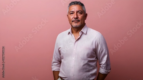 A thoughtful and refined portrait of a middle aged Hispanic man wearing a classic button down shirt and slacks set against a plain studio background with soft lighting and a dusty rose color palette photo