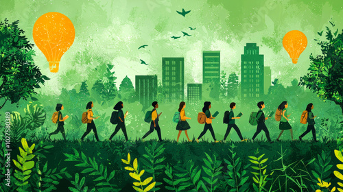 Diverse group of students walk through a lush green forest toward a city skyline with lightbulbs flying overhead.