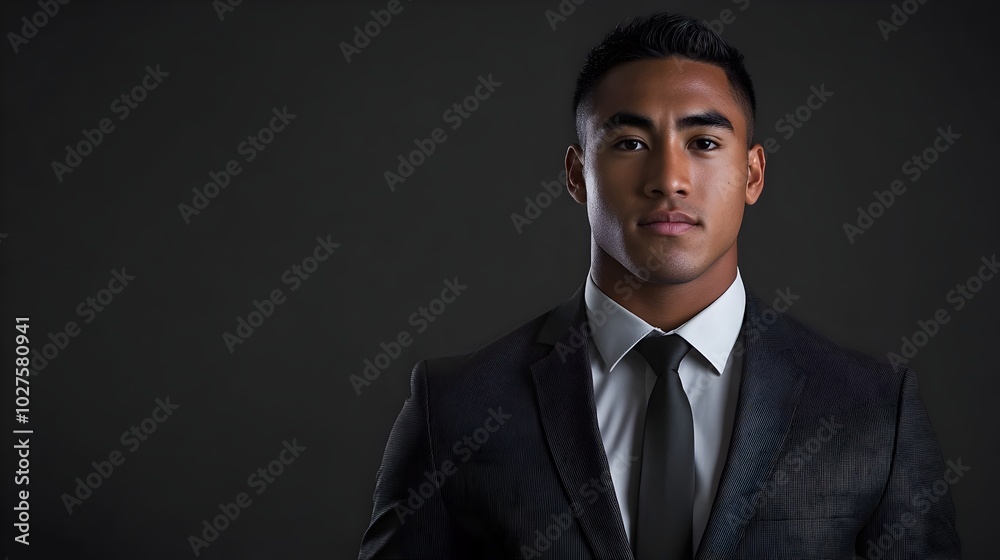 Portrait of a confident and professional young Polynesian man dressed in a sleek modern business suit posing confidently in a studio setting with a plain charcoal background Portrait of a confident and professional young Polynesian man dressed in a sleek modern business suit posing confidently in a studio setting with a plain charcoal background