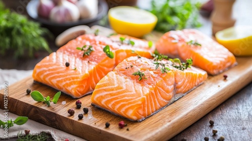 Fresh Salmon Fillets on Wooden Cutting Board