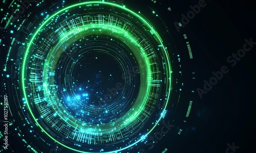 Abstract futuristic background with glowing green and blue circles and lines.