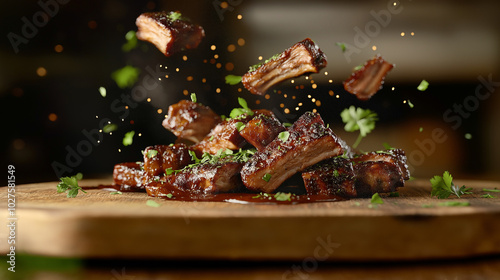 Juicy, succulent ribs freshly cooked and tossed with herbs, placed artistically on wooden board, showcasing a feast for the senses with spice and aroma.