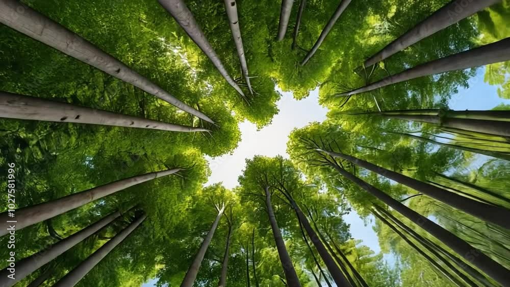 High-res photo from ground, looking up at dense tree canopy, symmetrical layout, lush foliage. Serene atmosphere. High-res photo from ground, looking up at dense tree canopy, symmetrical layout, lush foliage. Serene atmosphere.