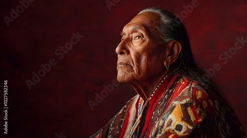 Closeup Portrait of an Elderly Native American Man Dressed in Ornate Traditional Ceremonial Robes Looking Thoughtful and Pensive against a Deep Red Background with Studio Lighting