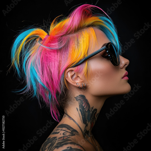 an edgy punk woman with vibrant multi-colored hair, wearing bold sunglasses and street-style