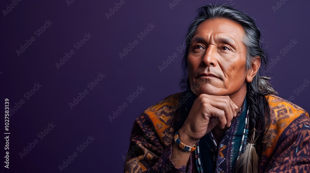 A thoughtful and intense portrait shot of a middle aged Native American man dressed in a rugged outdoor outfit against a plain deep purple studio background A thoughtful and intense portrait shot of a middle aged Native American man dressed in a rugged outdoor outfit against a plain deep purple studio background