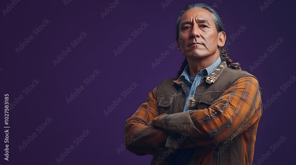 Obraz premium Contemplative Portrait of a Middle Aged Native American Man Dressed in a Rugged Outdoor Outfit Shot in a Lighting Studio Against a Deep Purple Background Leaving Space for Text Above the Subject