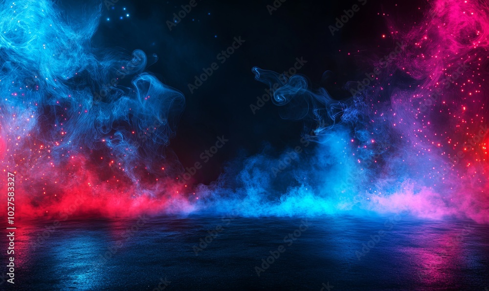 Abstract background with blue and red smoke on a dark background with glowing particles. Abstract background with blue and red smoke on a dark background with glowing particles.