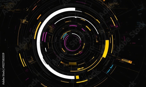 Abstract digital background with a white circular progress bar and colorful lines in a black background.