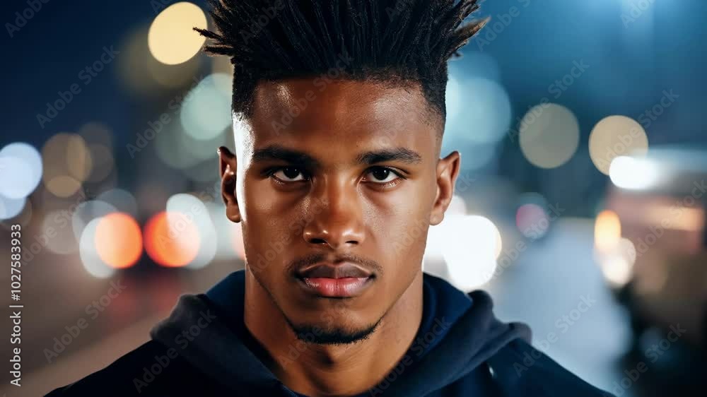 Confident young man with stylish hair in urban night scene Confident young man with stylish hair in urban night scene