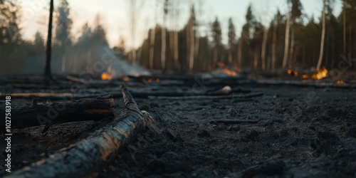 Wallpaper Mural Charred remnants of a forest aftermath of a wildfire, conveying the destruction and resilience of nature, with smoldering remains and a somber, smoky atmosphere. Torontodigital.ca