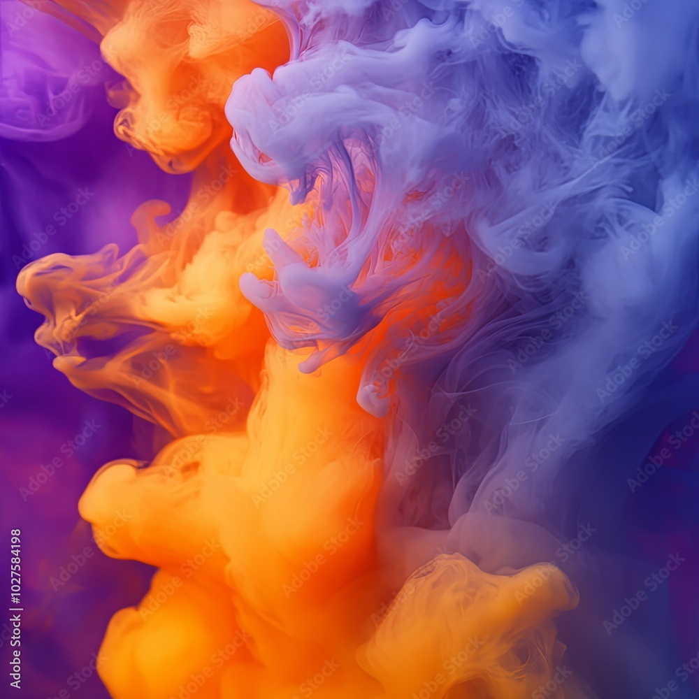 Abstract swirling orange, blue and purple paint in water. Abstract swirling orange, blue and purple paint in water.