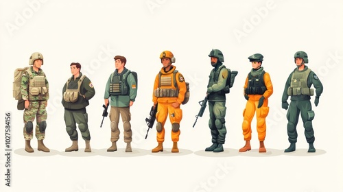 Lively military jobs set with colorful vector graphics, featuring soldiers, medics, engineers, and pilots, modern character designs