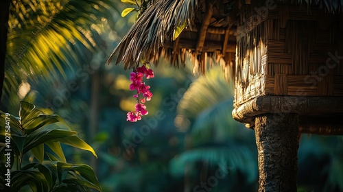 A single strand of vibrant pink bougainvillea flowers hangs from the thatched roof of a traditional hut, bathed in the warm glow of the sun.  photo