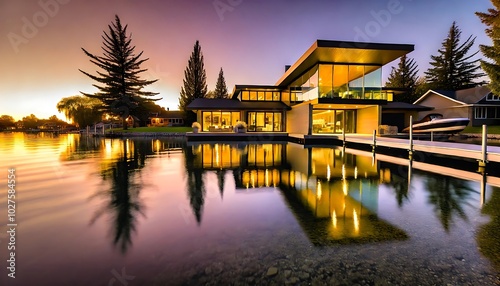 A luxurious modern house on a serene lakefront, reflecting in the calm water at sunset