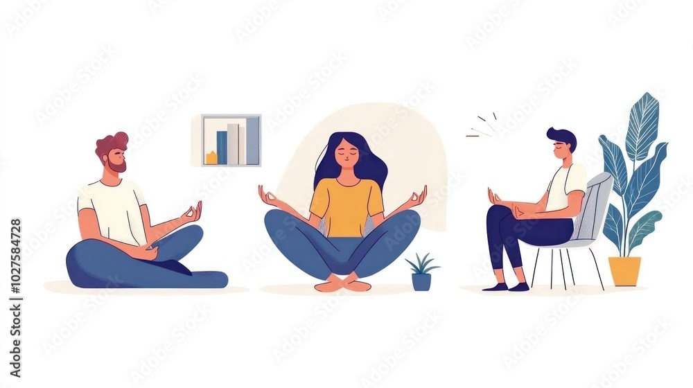 Obraz premium Meditation vector illustrations, depicting characters meditating and breathing exercises at home