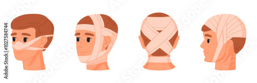 Bandaged human head. Injured skull and face parts, nose and jaw, emergency treatment for bruises and bones fractures flat vector illustration set. Physical injury bandages