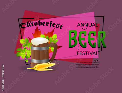 Annual beer festival banner design with foamed beer mug, barley and hops on abstract background. Lettering can be used for invitations, signs, announcements