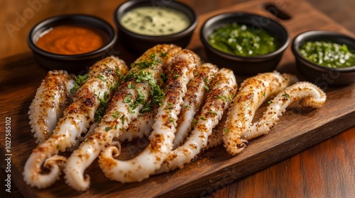 Grilled Squid on Wooden Platter with Sauces