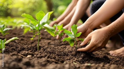 A close-up of hands planting trees as part of sustainability initiative