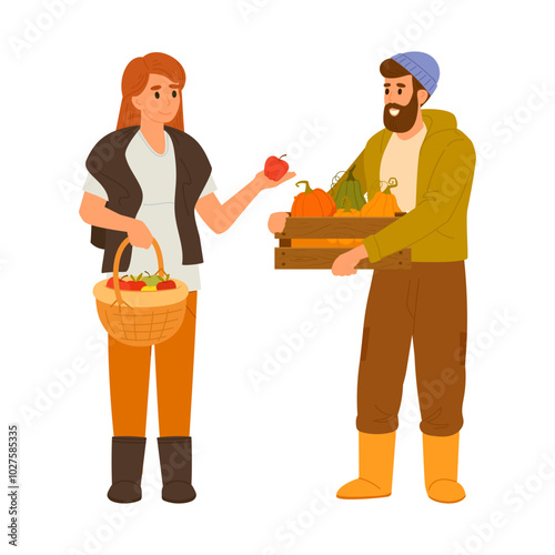 Farmers carrying harvesting crop. Farm workers with baskets and boxes with fresh fruits and vegetables flat vector illustration. Cartoon people with harvest