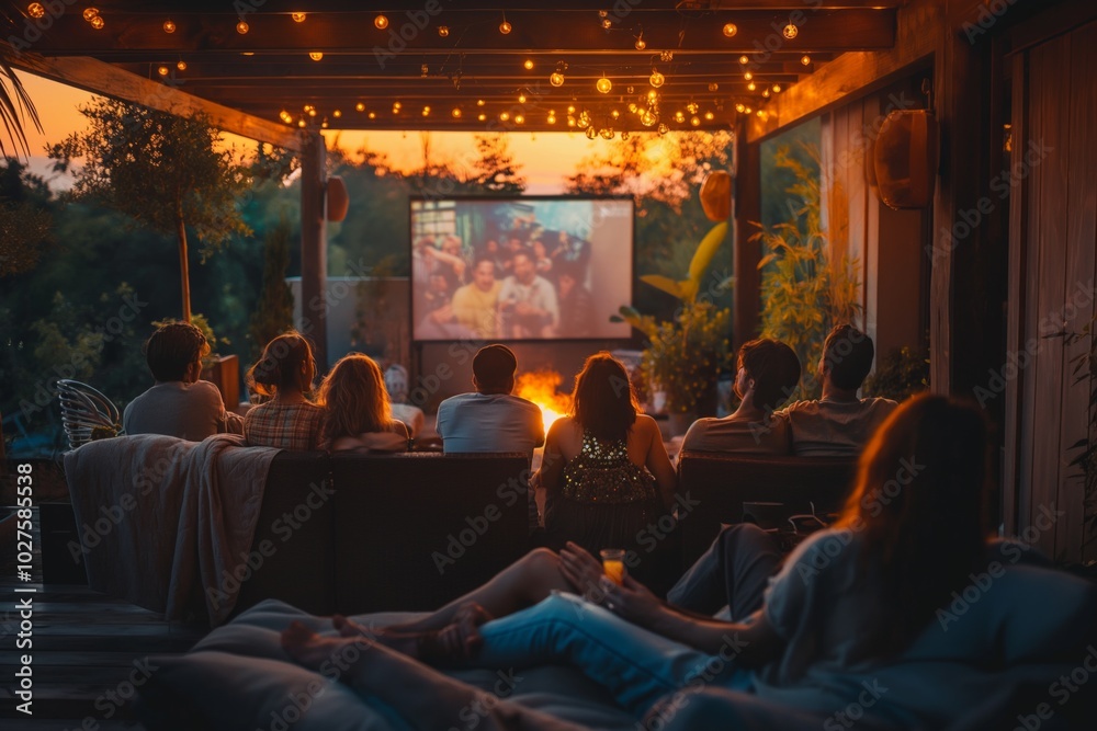 Open air cinema. Backyard Family outdoor movie night. DIY Screen with film. Summer outdoor weekend. Relaxing with a group of friends Open air cinema. Backyard Family outdoor movie night. DIY Screen with film. Summer outdoor weekend. Relaxing with a group of friends