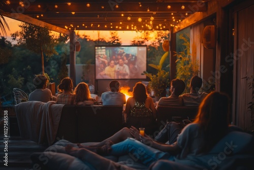 Open air cinema. Backyard Family outdoor movie night. DIY Screen with film. Summer outdoor weekend. Relaxing with a group of friends