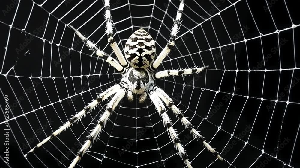 A spider rests on a symmetrical, fine web with a distinctive abdomen. Its legs are long. The picture shows the beauty and complexity of the spider's web.