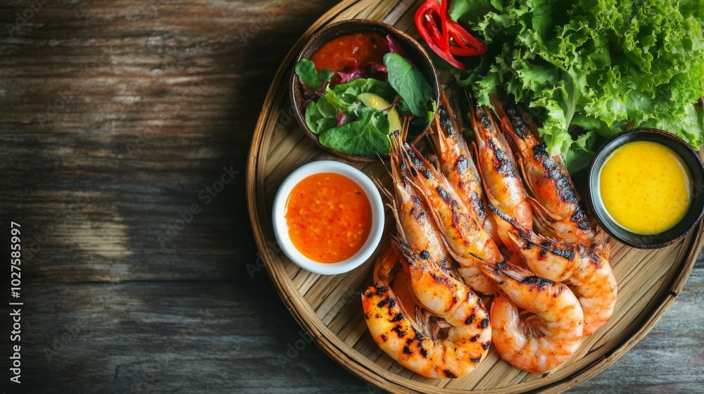 Grilled Shrimp with Fresh Vegetables and Sauces Grilled Shrimp with Fresh Vegetables and Sauces