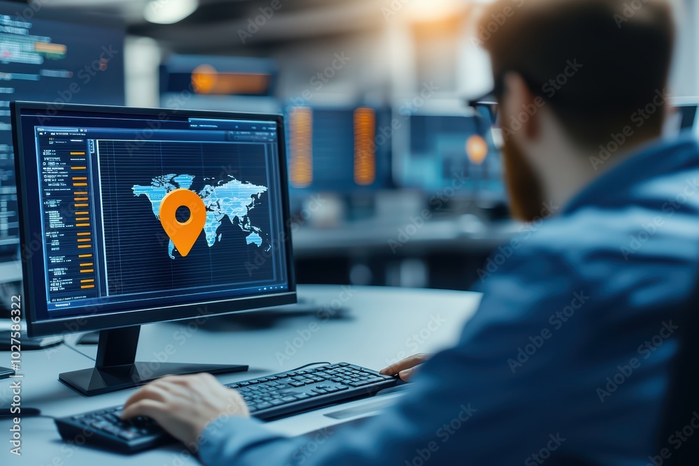 Focused individual working on a computer with a world map and location pin on the screen in a modern workspace. Focused individual working on a computer with a world map and location pin on the screen in a modern workspace.