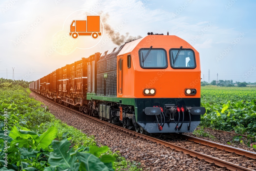 Freight train transporting goods through lush green fields under a clear blue sky. Freight train transporting goods through lush green fields under a clear blue sky.
