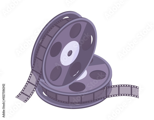 Isometric cinema film. Movie theater video camera tape, negative film strip 3d vector illustration. Cinema film on white