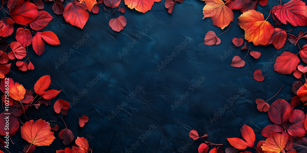 Abstract background with autumn leaves on a blue surface, with copy space for text, suitable for a banner design. Abstract background with autumn leaves on a blue surface, with copy space for text, suitable for a banner design.