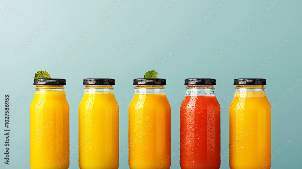 Five glass bottles with colorful liquid and green leaf garnish on a blue background. Five glass bottles with colorful liquid and green leaf garnish on a blue background.