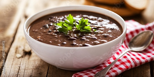 A bowl of black bean soup garnished with fresh parsley, on a wooden table with a red and white checkered napkin.