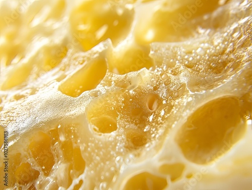 Closeup of melted Swiss cheese with holes and bubbles