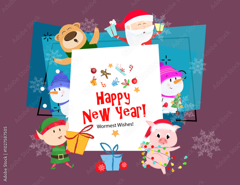 Fototapeta premium Happy New Year and warmest wishes bright postcard. Inscription with elf, piglet, Santa Claus, snowmen and bear on background with snowflakes. Can be used for postcards, greeting cards, leaflets