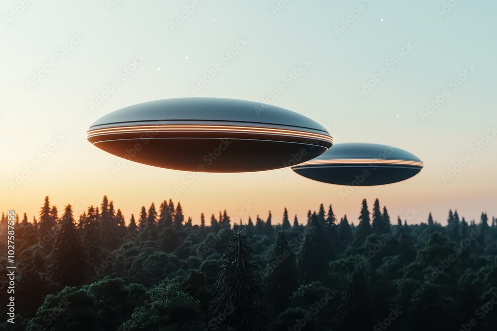 Futuristic UFOs hover above a dense forest illuminated by a colorful sunset. Futuristic UFOs hover above a dense forest illuminated by a colorful sunset.
