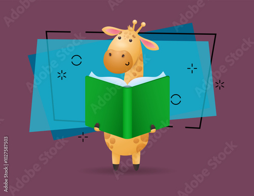 Giraffe reading book vector illustration. Learning, school, library. Education concept. Vector illustration can be used for topics like literature, leisure, childhood