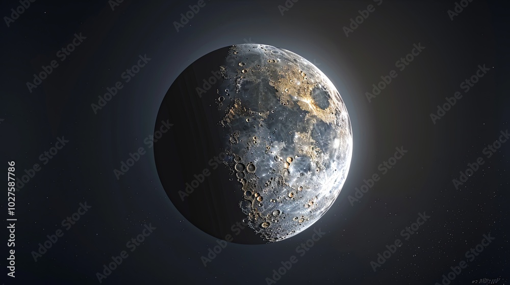 Naklejka premium A close-up image of a half-moon in a dark space. The moon is illuminated on the right side, revealing its craters and texture.