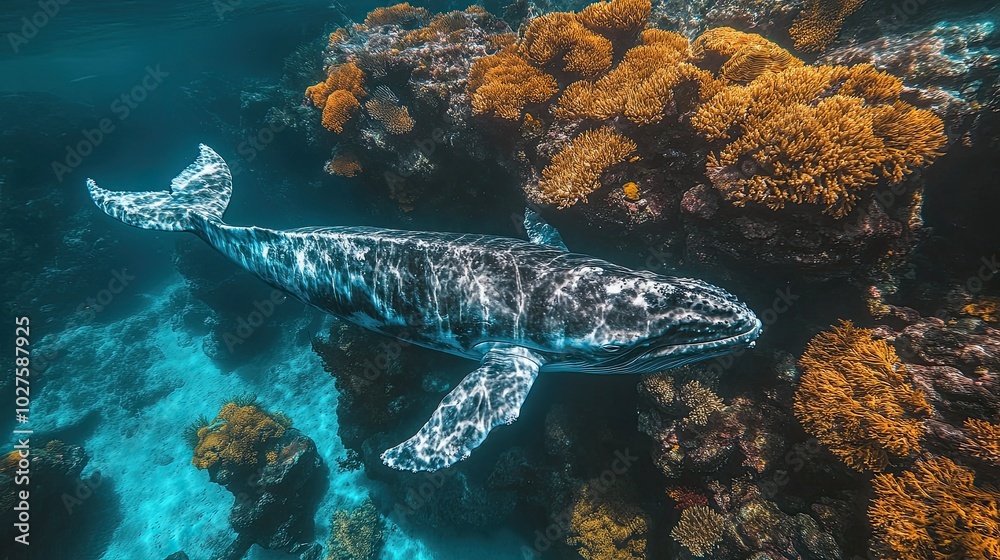 Fototapeta premium A humpback whale swims past a coral reef in clear blue water.