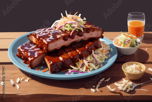 bbq pork ribs with coleslaw illustration