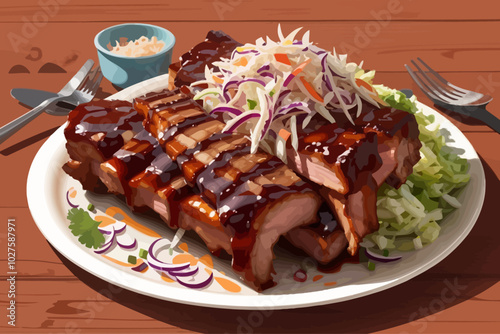 bbq pork ribs with coleslaw illustration