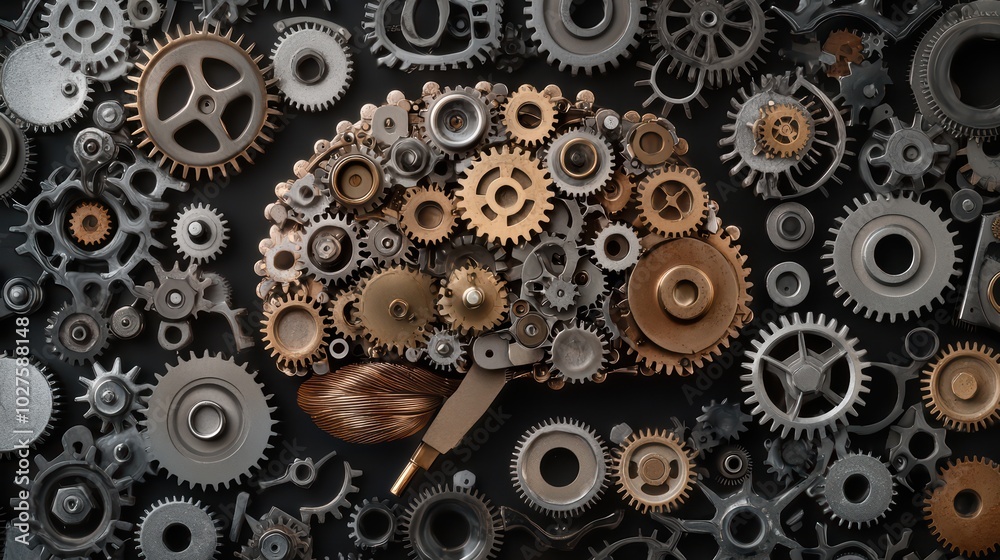 Intricate brain design made from gears and mechanical components, symbolizing innovation and creativity. Intricate brain design made from gears and mechanical components, symbolizing innovation and creativity.