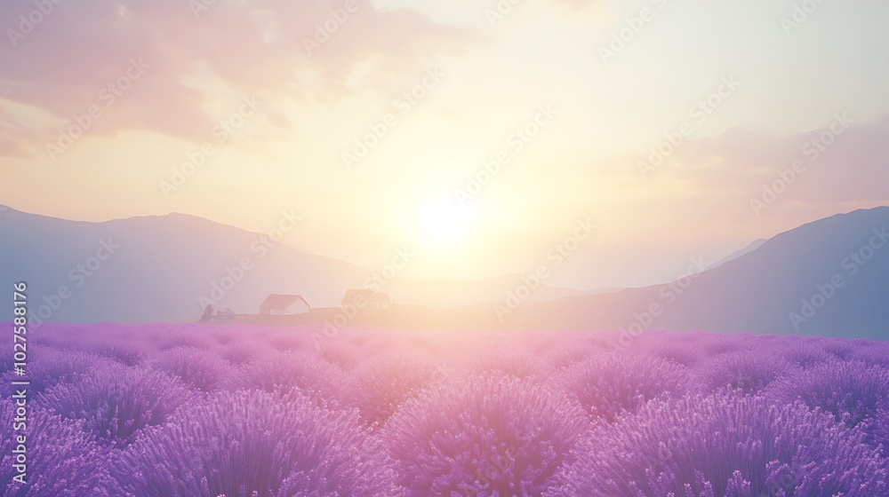 Lavender field at sunrise with mountains in the background. Lavender field at sunrise with mountains in the background.