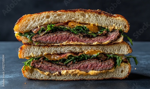 A close-up shot of a juicy steak sandwich with arugula, cheese, and mustard.