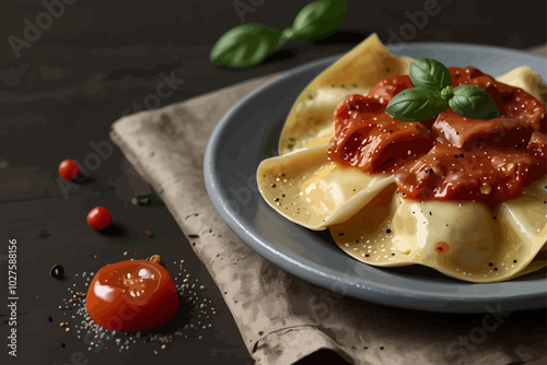 Beef Ravioli with Passata di Pomodoro and Crispy Mortadella illustration