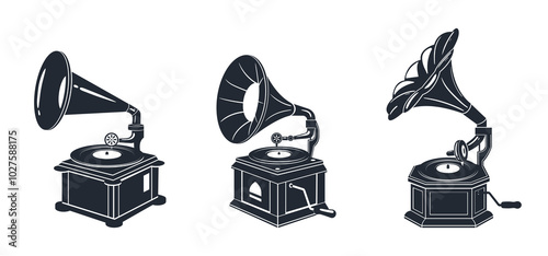 Retro gramophone silhouettes. Nostalgic music devices for listening music, antique gramophone player flat vector illustration set. Vintage gramophones silhouette