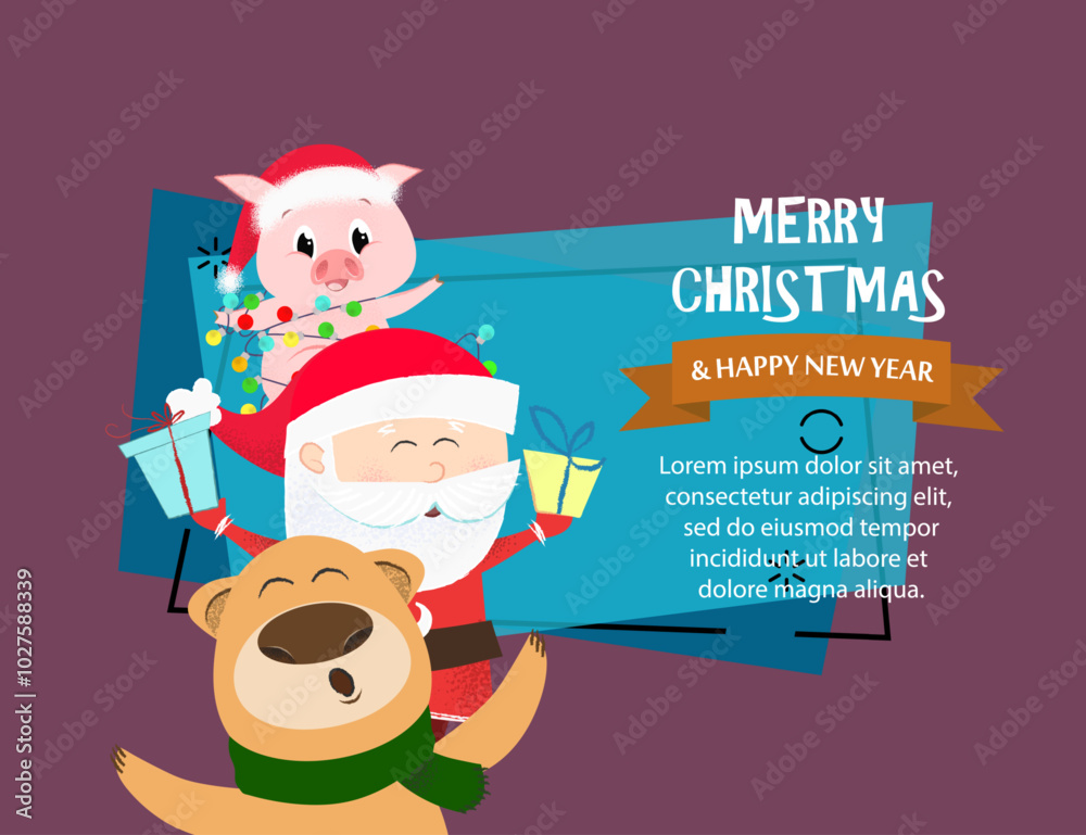 Fototapeta premium Merry Christmas and Happy New Year banner design template. Inscription with bear, Santa and piggy on abstract background with sample text. Can be used for postcards, invitations, greeting cards