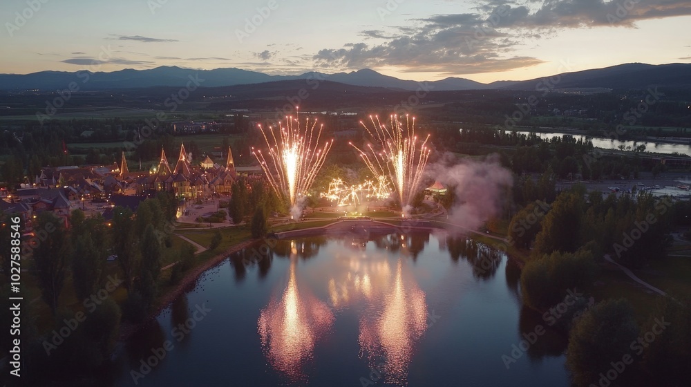 Obraz premium Vibrant Fireworks Display Over Serene Mountain Lake Landscape